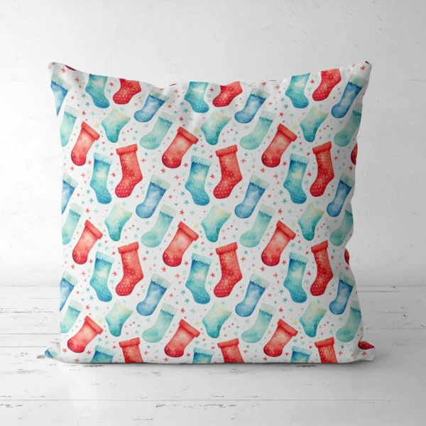 Watercolor stocking pillow, front view, standing on a white floor