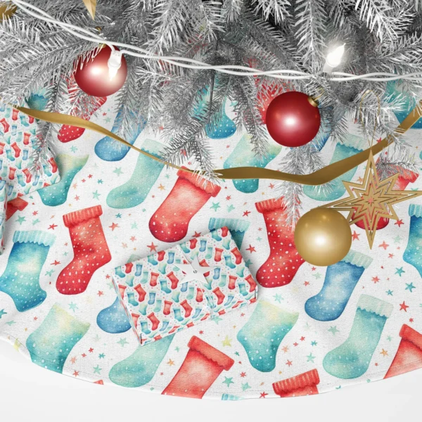 Detail of scarlet and turquoise painted stockings with ribbed cuffs and small stars