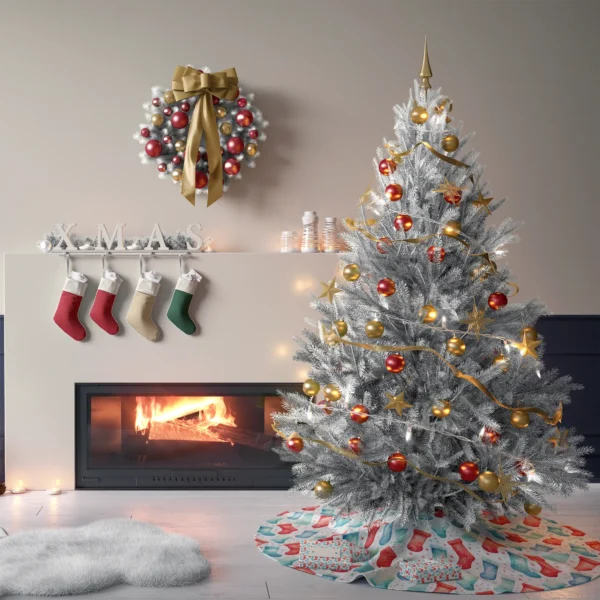 Watercolor stocking skirt below a tree against cream plaster living room walls