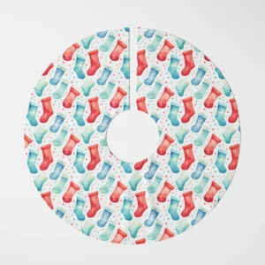 Watercolor stocking tree skirt spread out flat, top-down on white