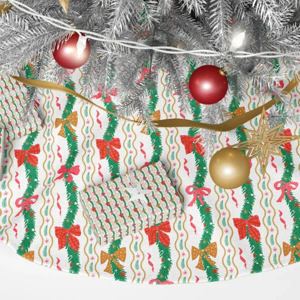 Close-up of S-curved pine garland with red plaid, mustard and blush bows on white