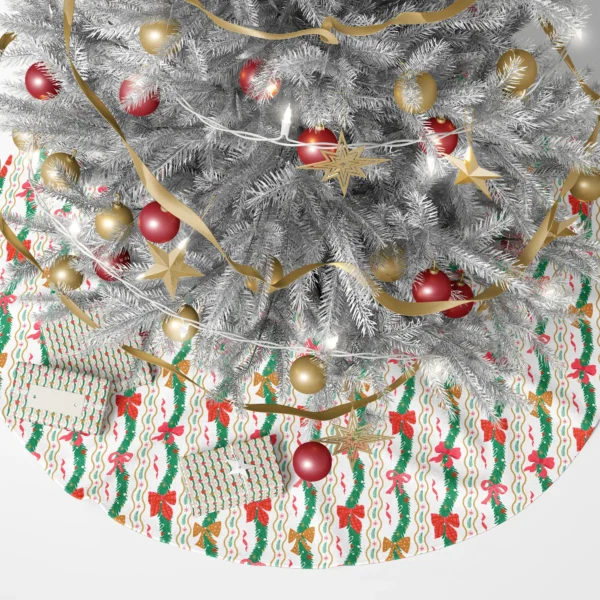 Wavy garland tree skirt under a lit tree with wrapped presents