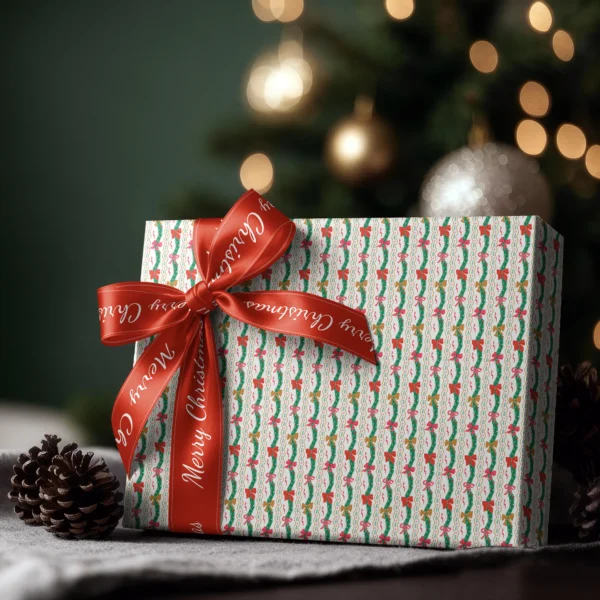 Box wrapped in wavy garland paper with a satin ribbon bow, Christmas tree lights behind