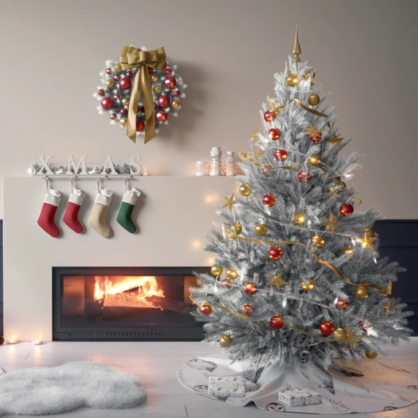 Tree on the white owl skirt in a living room with cream plaster walls