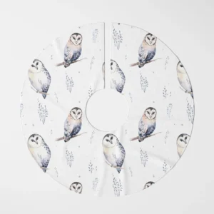 White watercolor owl tree skirt laid flat, top view on white, owls perched on bare twigs