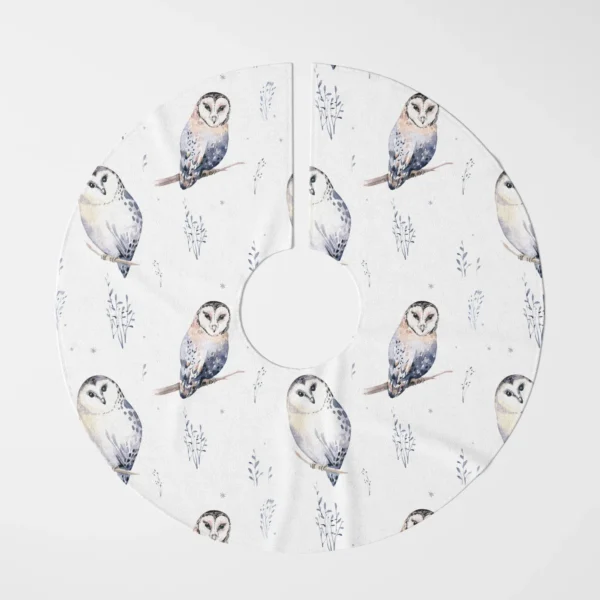 White watercolor owl tree skirt laid flat, top view on white, owls perched on bare twigs
