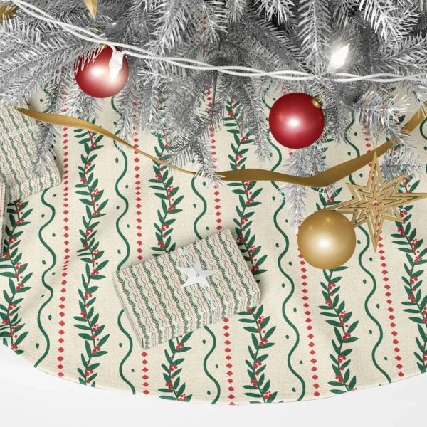 Close-up of leafy vines with red berry clusters, wavy green lines and red diamonds