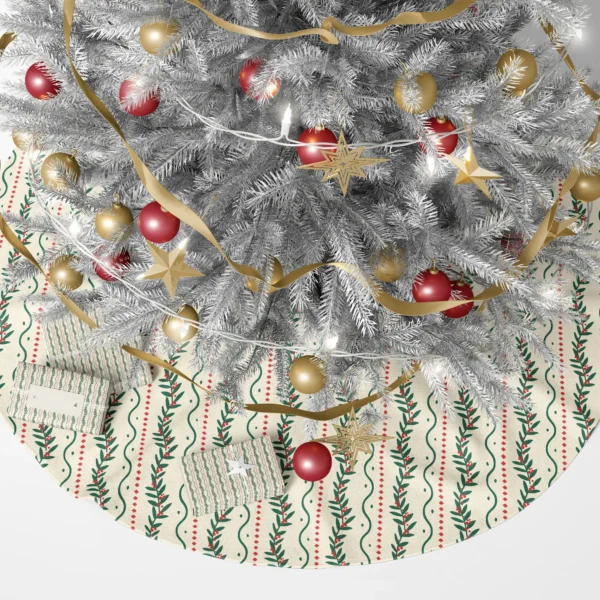 Cream berry vine tree skirt under a lit Christmas tree with wrapped presents