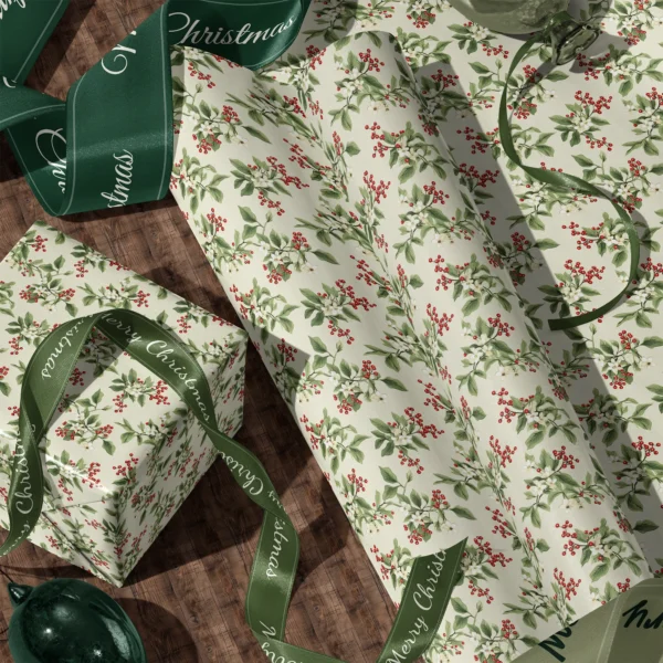 A sheet of cream berry sprig gift wrap and a wrapped box with satin ribbons on a wooden floor