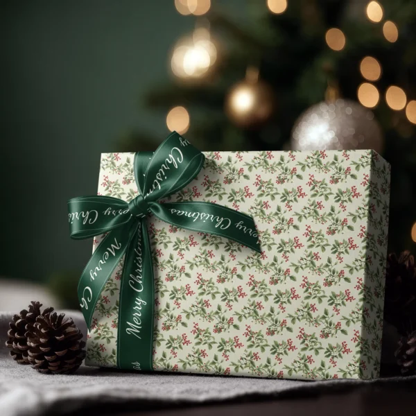 Box wrapped in cream berry sprig paper with a satin ribbon bow, Christmas tree lights behind