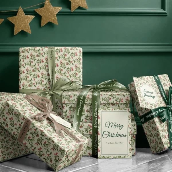 Stack of presents in cream berry sprig paper with ribbons and a Merry Christmas card by a dark green wall