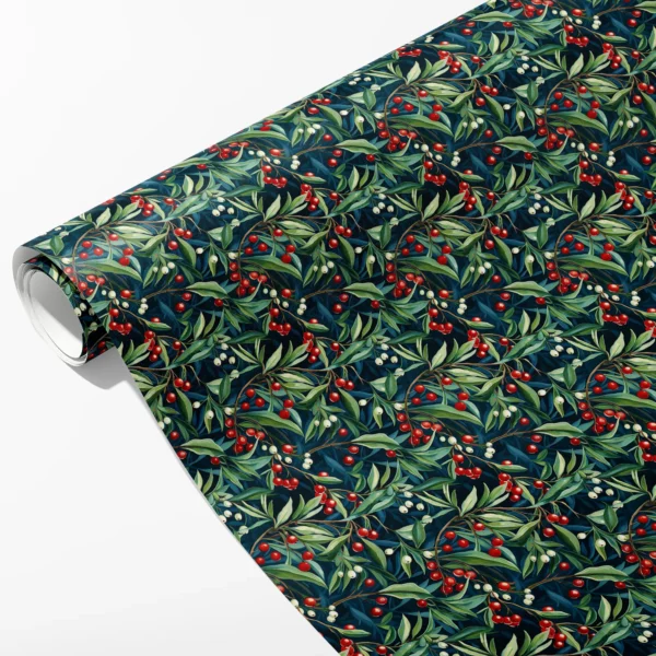 Roll of navy wrapping paper with red and white berries on green leafy branches, partly unrolled on white