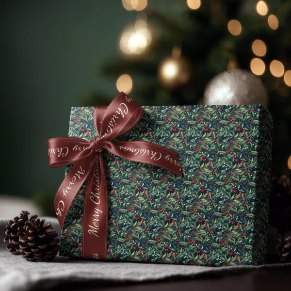 Box wrapped in navy winter berry paper with a satin ribbon bow, Christmas tree lights behind