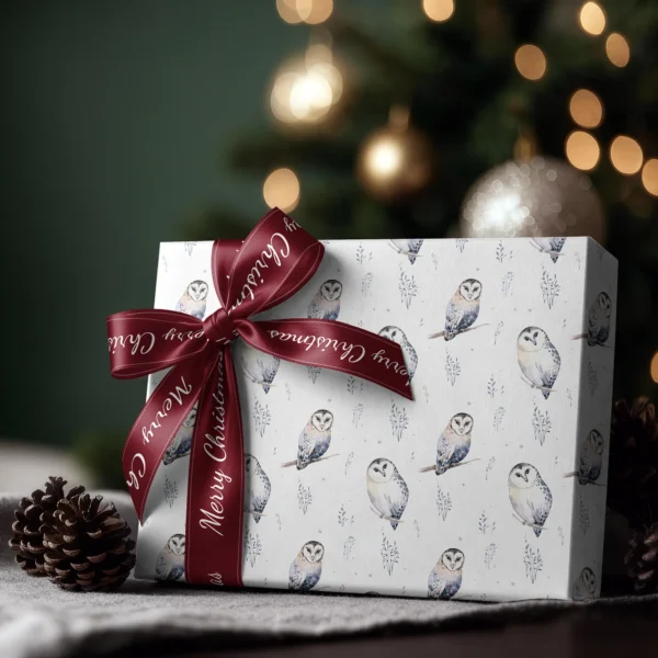 Box wrapped in white watercolor owl paper with a satin ribbon bow, Christmas tree lights behind