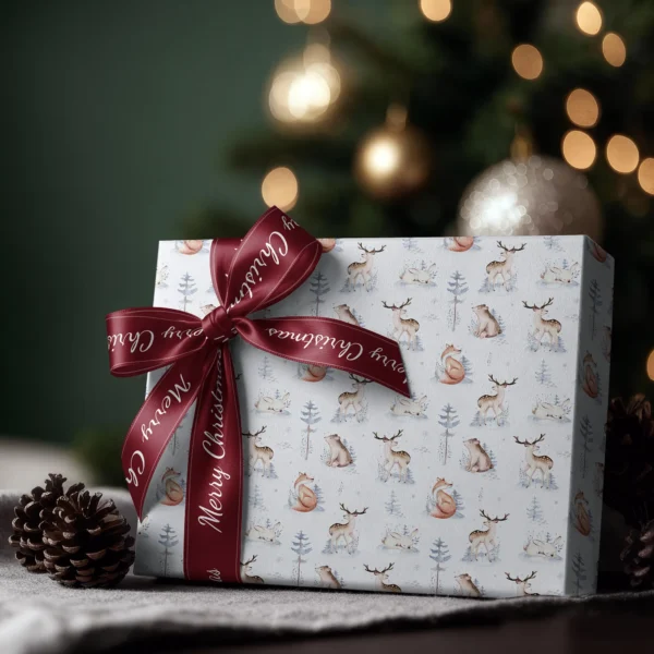 Box wrapped in pale blue woodland paper with a satin ribbon bow, Christmas tree lights behind