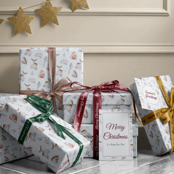 Stack of presents in pale blue woodland paper with ribbons and a Merry Christmas card by a beige wall